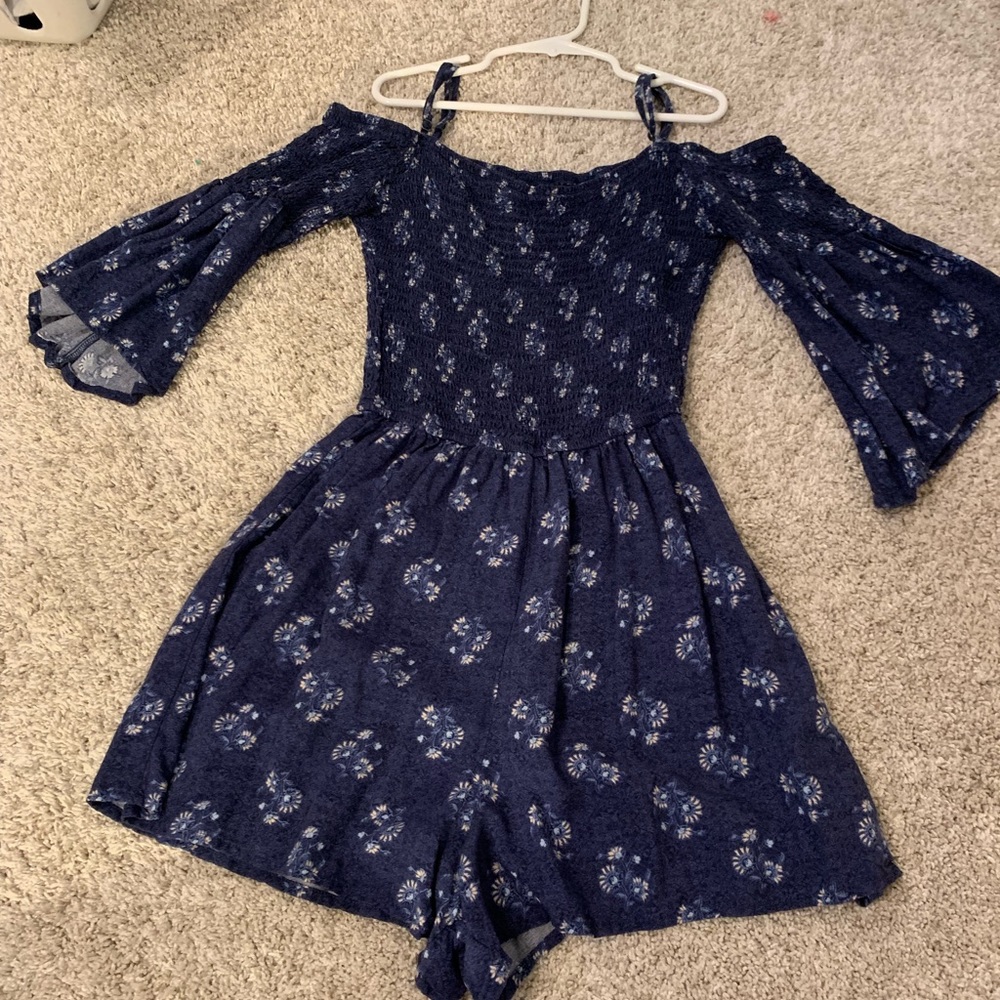 Blue floral off the shoulder romper